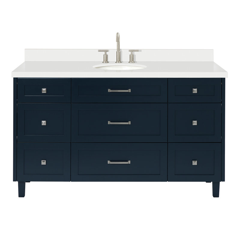 ARIEL Monroe 54 Single Sink Bathroom Vanity with Carrara Quartz Top, Midnight Blue, 60" - 61", Pure White Quartz