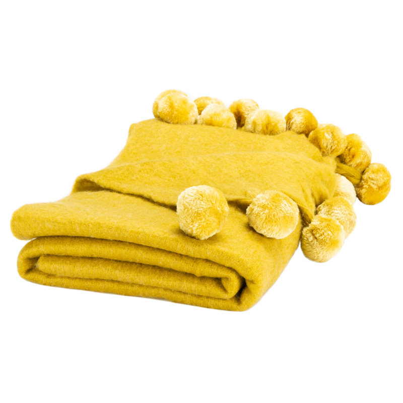 Shae Mustard Yellow Wool Throw Blanket with Pom Poms