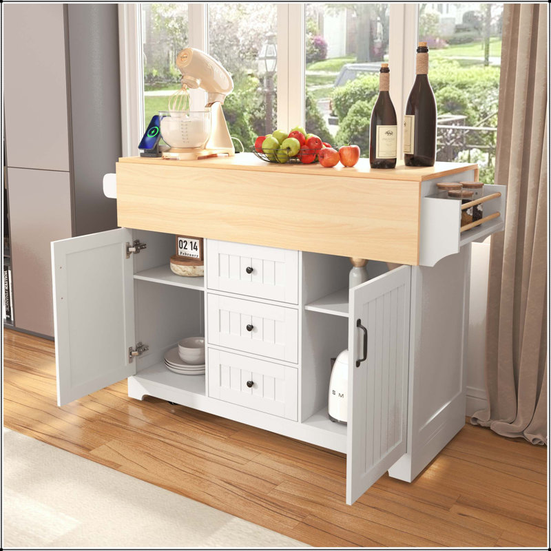 55.7" Large Kitchen Island with Double Drop Leaf and Power Outlet – White, White
