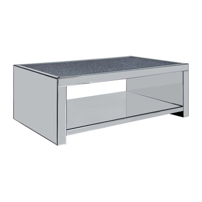 Table basse, verre transparent, miroir et faux diamants