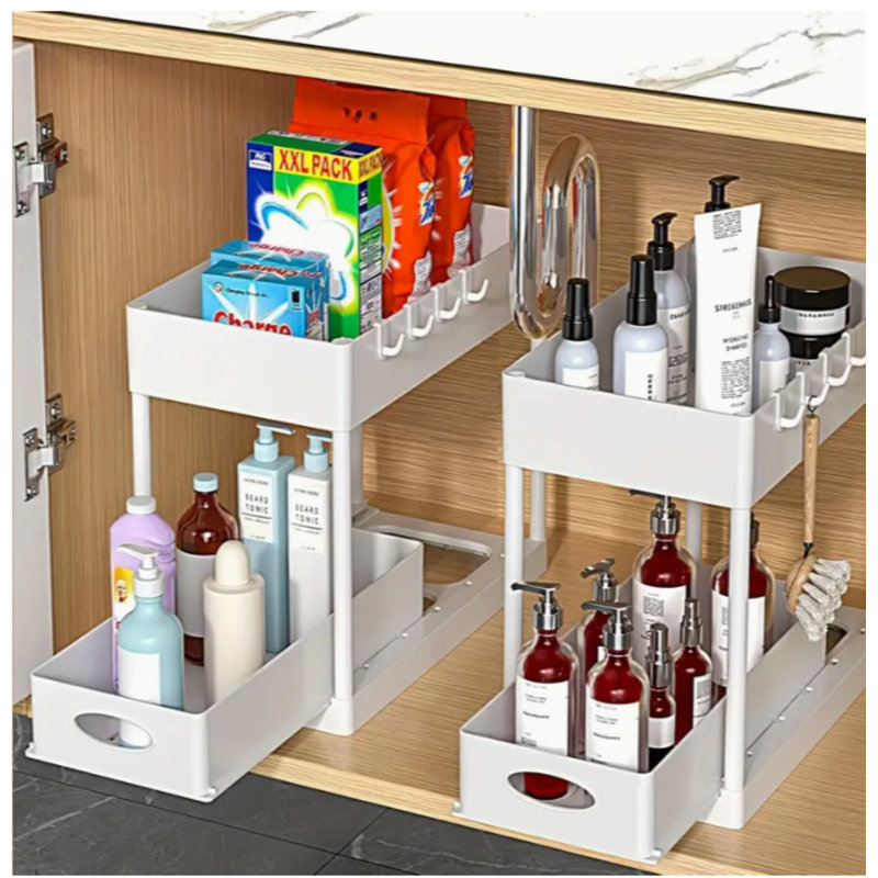 Tablette de lavabo, paquet de 1 - 2 niveaux de rangement sous le lavabo avec crochets, abdos robustes et rangement sous l'évier pour la cuisine / salle de bain