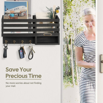 Key Holder For Wall: Easy Mounted Key Rack And Mail Organizer With Store Shelf And Four Sturdy Keys Hooks Decor In Kitchen|Farmhouse|Entryway|Mudroom (Black)