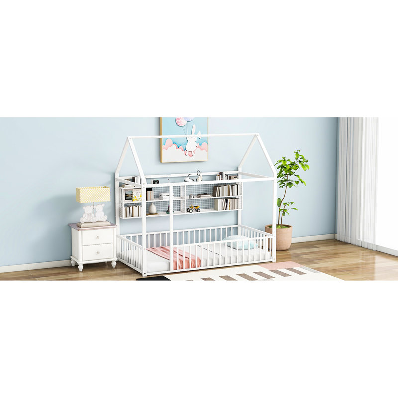 Lit simple en métal blanc avec étagère à thème de maison et système de clôture - Transformez votre chambre à coucher, Blanc