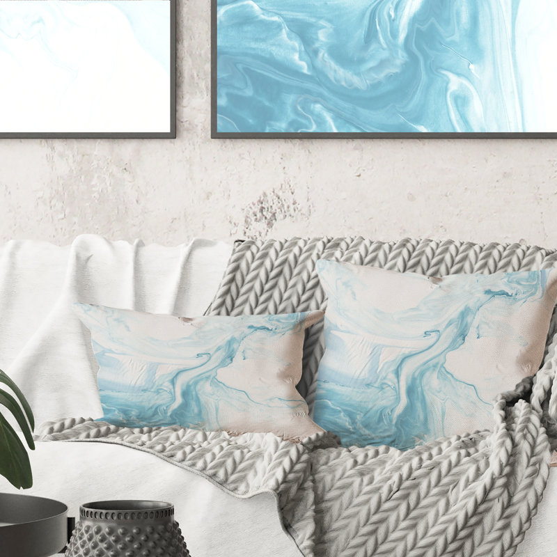 Coussin décoratif en marbre liquide bleu clair et blanc, 16 po x 16 po