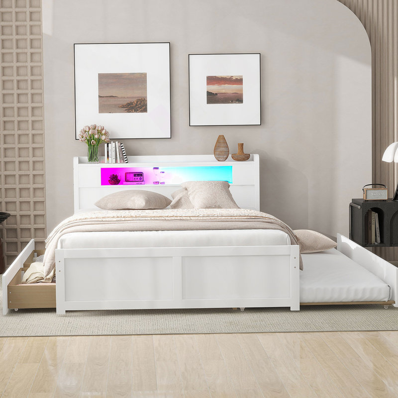 Lit plateforme avec rangement en bois avec DEL, 2 tiroirs et 1 lit gigogne, Blanc