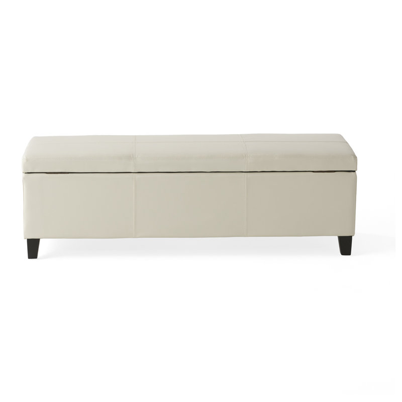 Rectangular Faux Leather Storage Ottoman with Solid Wood Legs in Ivory