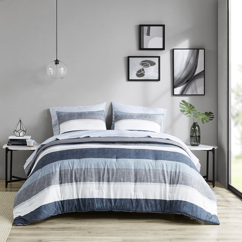 Comforter With Grey Navy Blue Stripe Sheets - Breathable Cozy Bedding Grey, Navy, And Fitted Sheet Warmth Fit