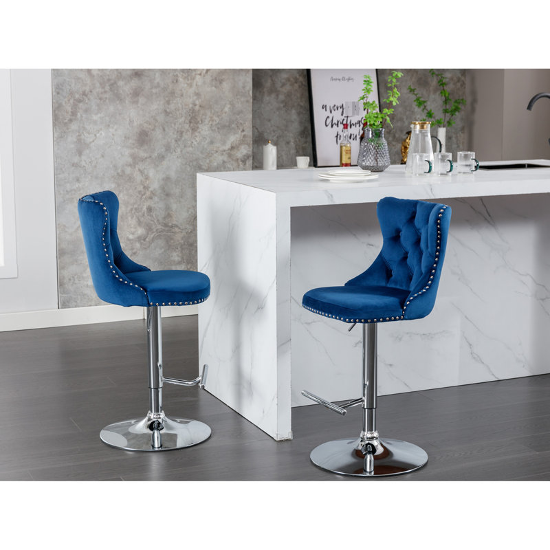 Velours bleu avec hauteur réglable de 25 à 33 pouces, dossier rembourré confortable pour la maison et îlot de cuisine