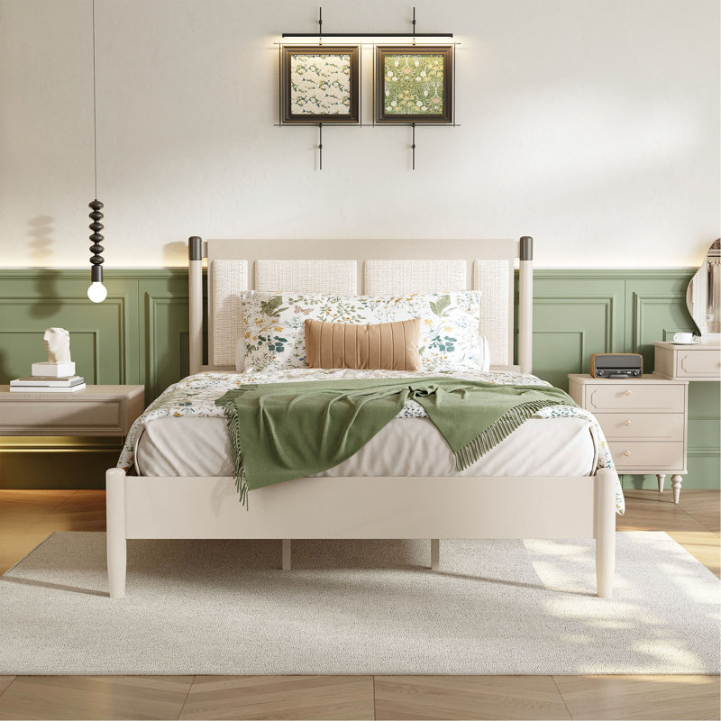Lit très grand en bois massif, support robuste de 600 lb, aucun sommier tapissier requis, tête de lit tapissier avec poignées en métal
