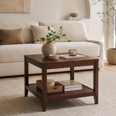 2-Tier Square Solid Wood End Table with Storage Shelf