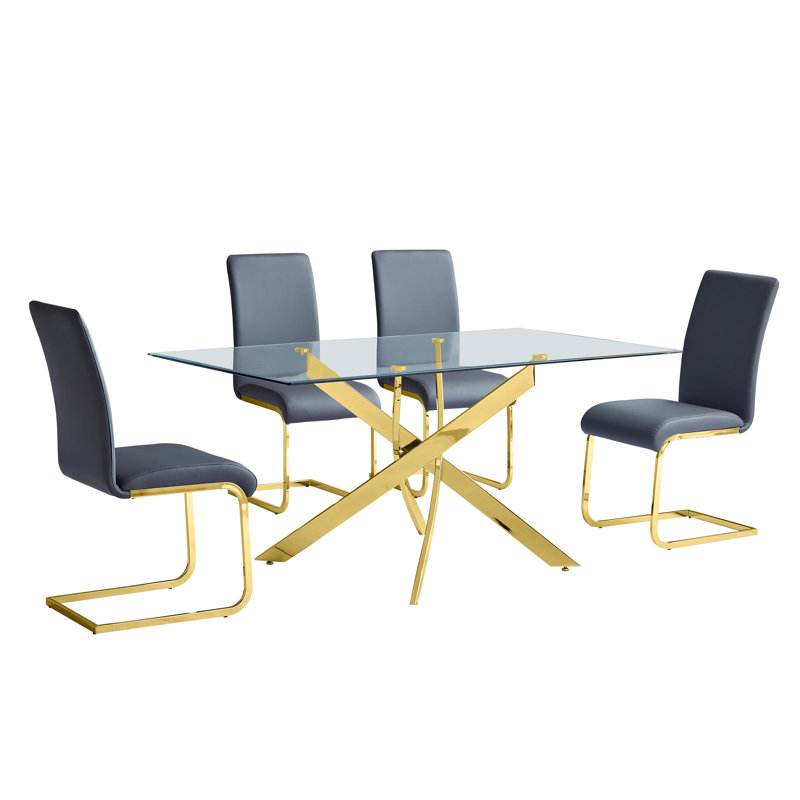 Akinleye 5 Pieces 63" Rectangular Dining Set , Gold, Gold/Gray