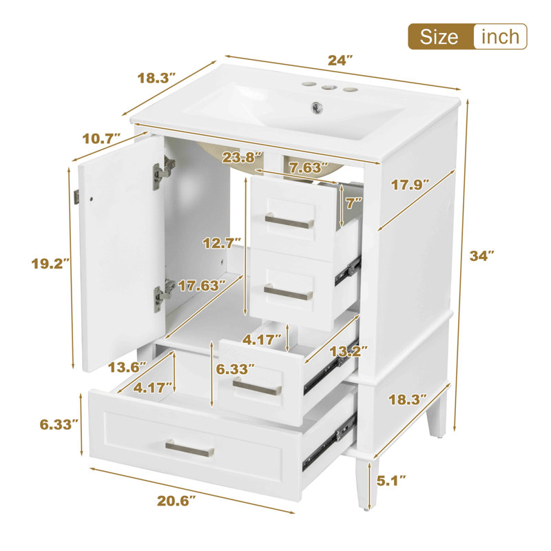Meuble-lavabo de 24,8 po avec lavabo en céramique, armoire autoportante moderne avec porte à fermeture en douceur, tiroir profond, tiroir peu profond et tiroir large pour un rangement peu encombrant