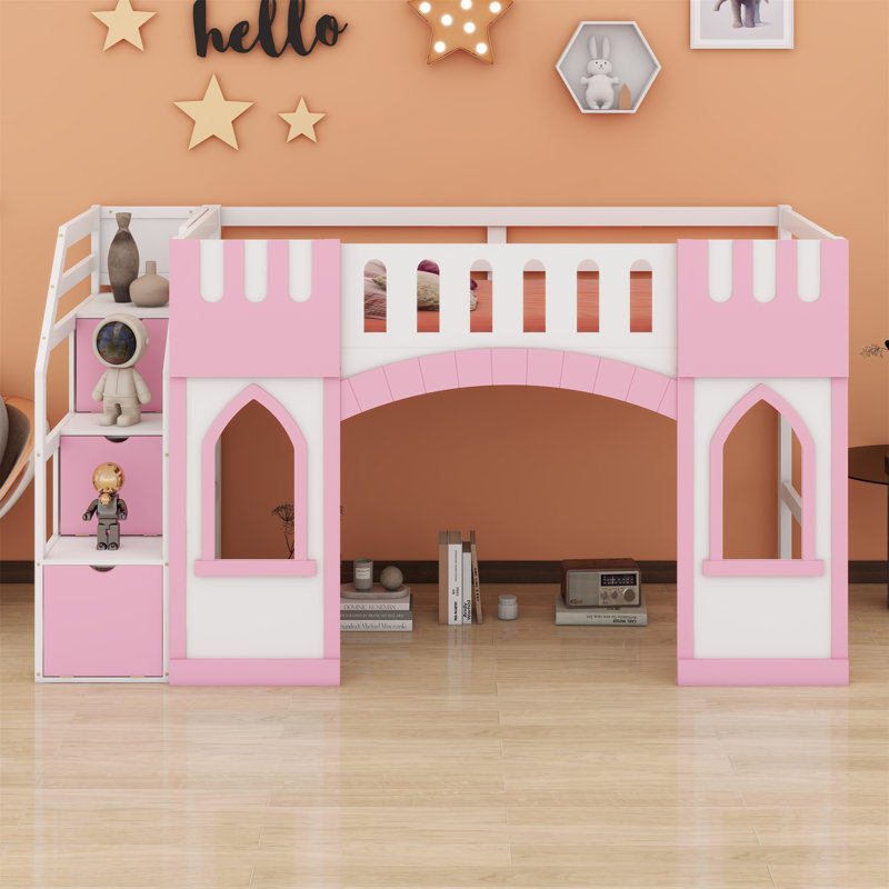 Lit mezzanine avec escalier de rangement et fenêtre, Rose