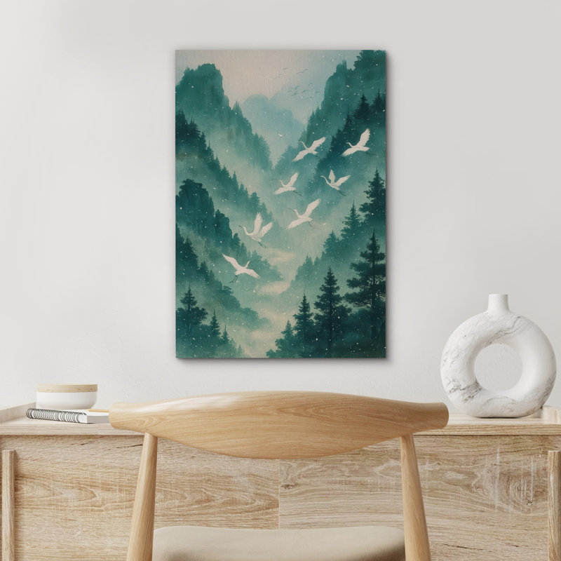 «White Cranes in Snowy Mountain Forest Art», reproduction d'art sur toile encadrée, H 36 po x l 24 po x P 1,5 po