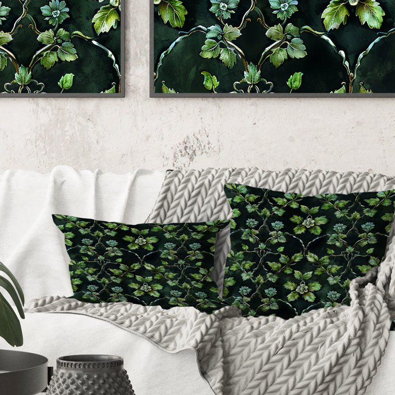 Vignes noires et vertes I - Coussin décoratif moderne, H 16 po x l 16 po