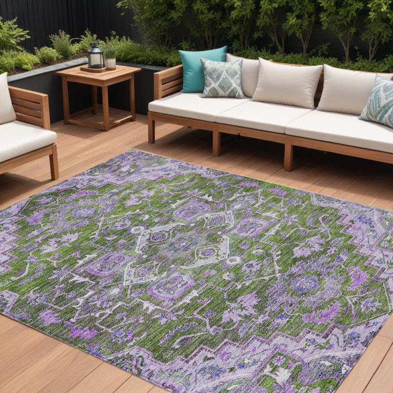 Tapis extérieur lavable oriental vert olive et mauve 8 pi x 10 pi
