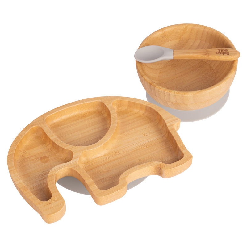 Tiny Dining - Children's Bamboo Suction Elephant Dinner, Grey