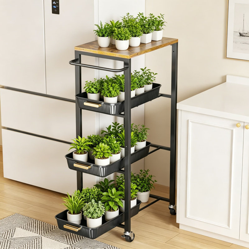 Chariot de rangement roulant à 4 niveaux avec tiroirs coulissants, organisateur utilitaire en métal avec roues verrouillables et plateau en bois pour la salle de lavage, la cuisine, la salle de bain et le bureau