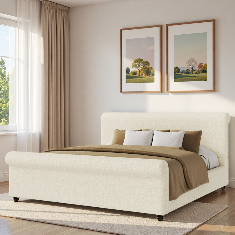 Lit rembourré avec bords roulés épais, pieds ovales à double couche rétro et tête de lit robuste, Beige, Très grand lit