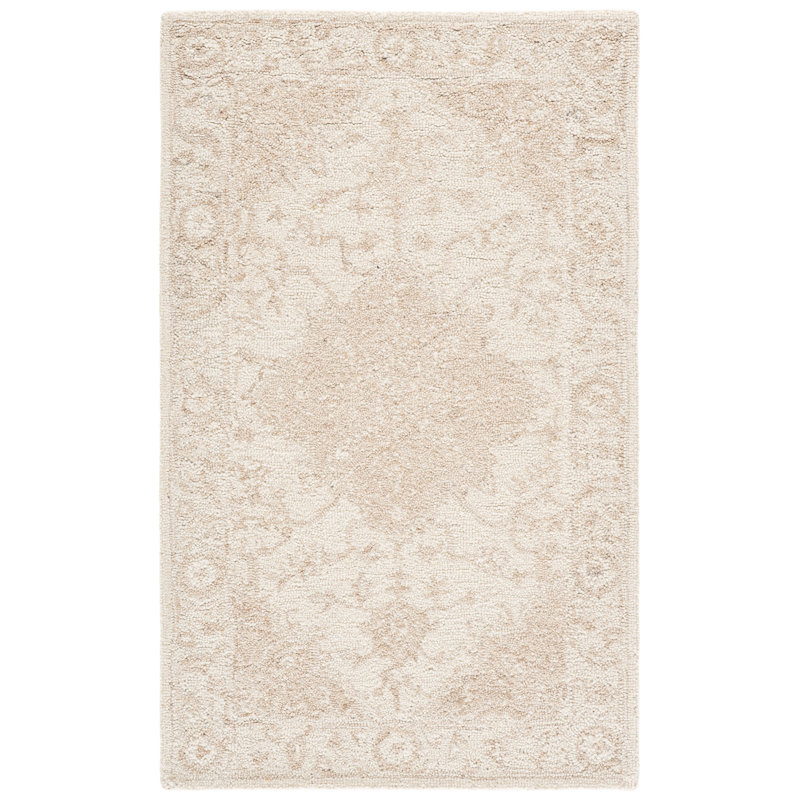 Tapis oriental ivoire / beige en laine / coton touffeté à la main Oriental, Rectangle 3 pi x 5 pi