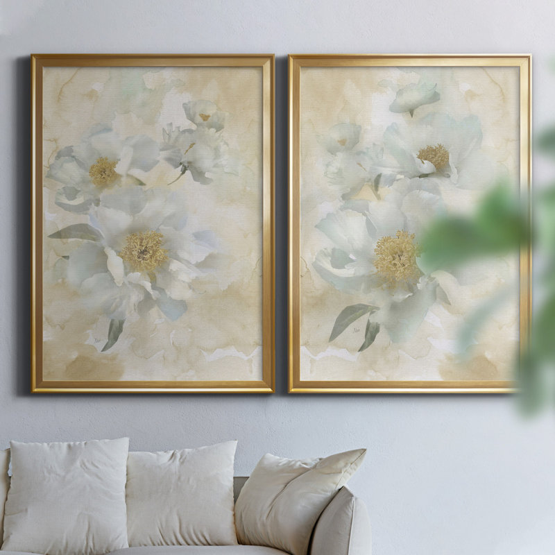 Douces pivoines I - ensemble de 2 reproductions d'art, Pas de tapis, H 18,5 po x l 49 po x P 1,5 po, Toile encadrée dorée