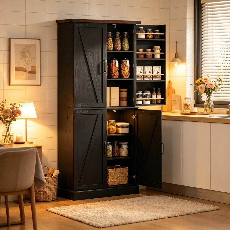 Grand garde-manger avec plateau en grain de chêne, tablettes réglables et rangement polyvalent pour la cuisine et le bureau à domicile