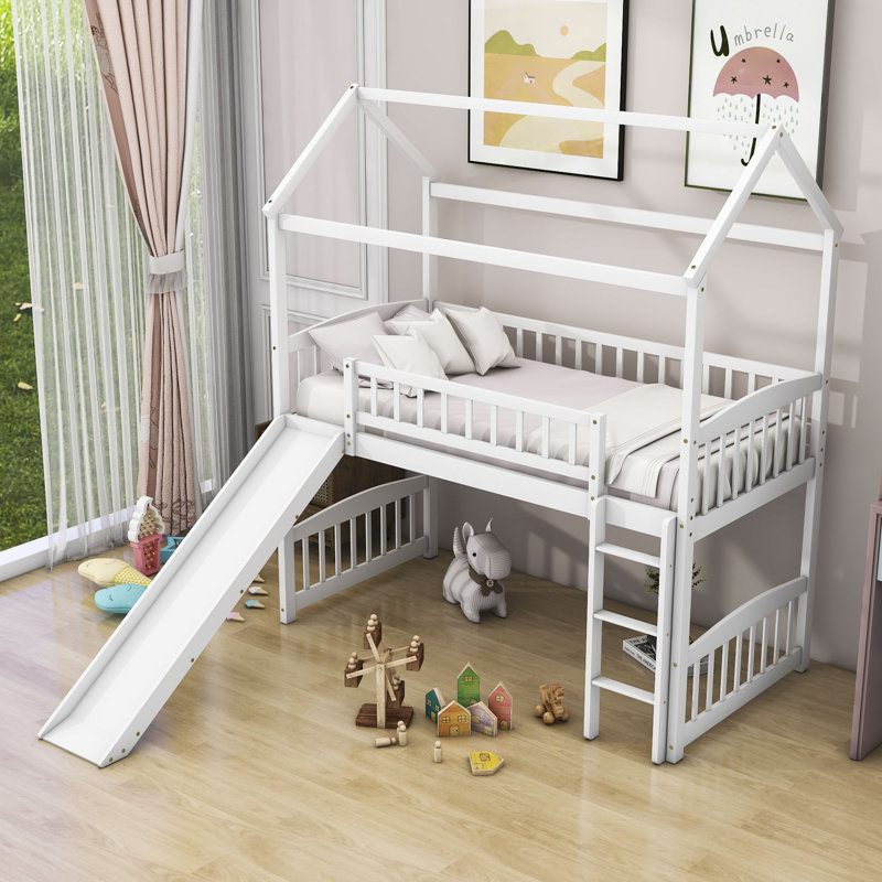 Lit mezzanine simple en bois avec glissade, Blanc