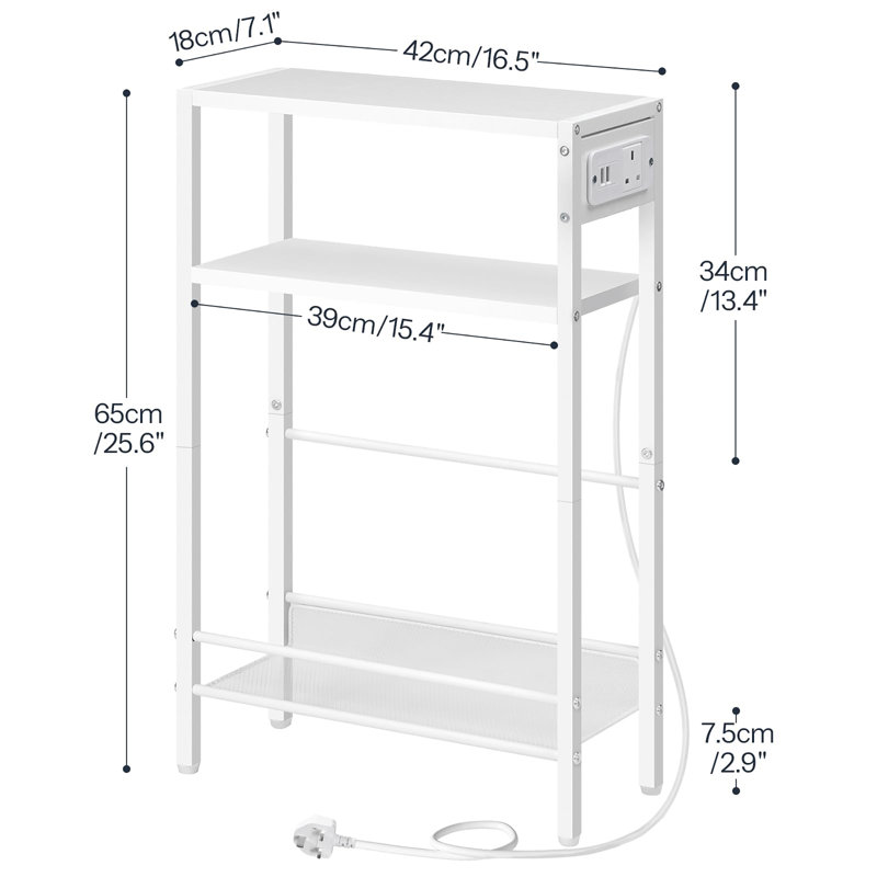 Slim Side Table with Storage, White, White