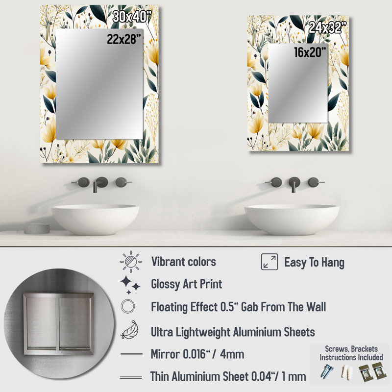 Farnhamville Earthy Flora - grand miroir de plantes, miroir mural décoratif Boho, impression d'art en métal, 40 po x 30 po