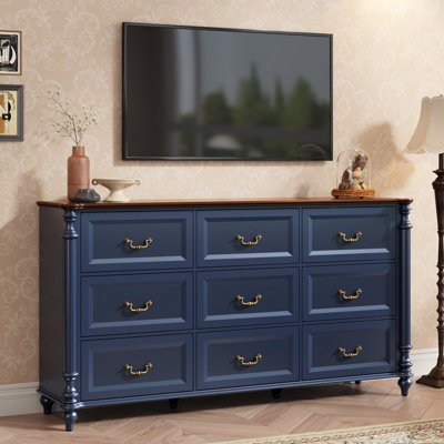 Commode de rangement 9 tiroirs 63 po avec poignées en laiton