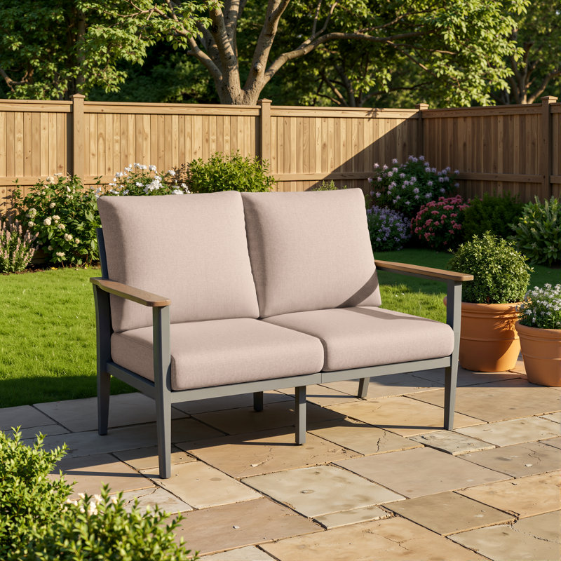 50.4" Wide Aluminum Outdoor Loveseat with Wood-Look Armrests & 5.12" Thick Cushions, Taupe
