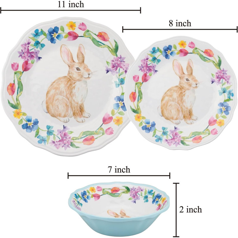 Multicolore 12 pièces, ensemble de vaisselle en mélamine 12 pièces, ensemble de plats d'extérieur, assiettes et bols, décorations de Pâques