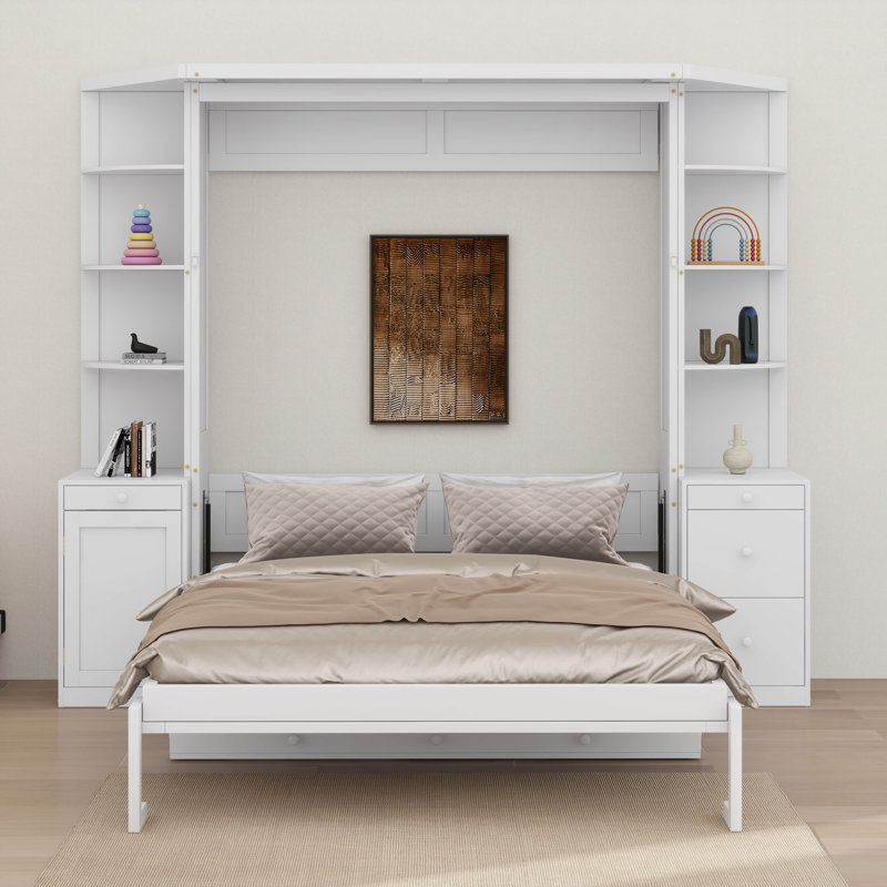 Grand lit escamotable avec bureau, tablettes de rangement et armoires, Blanc