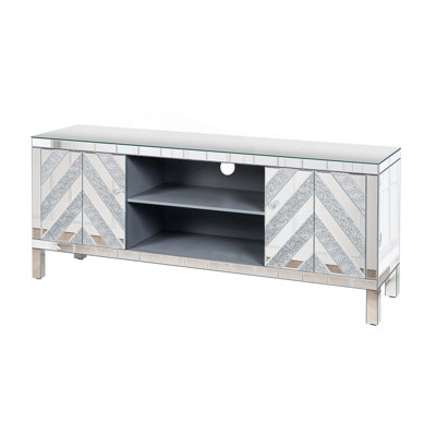 Mirrored Tv Stand For 65+ Inch Tv,Sliver Tv Console Table With Open Storage & 2 Storage Cabinets ,Sparkling Mirror Doors For Living Room(59''W X 25.2''H X 15.7D)