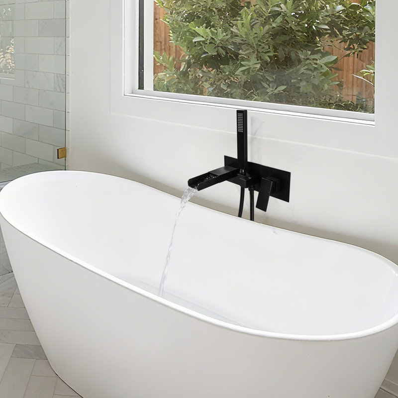  7" Wall Mounted Waterfall Tub Filler, Solid Brass Bathroom Tub Faucet with Hand Shower, Matte Black