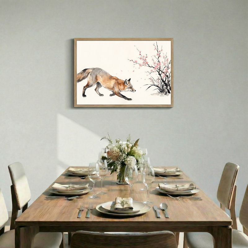 Renard qui marche devant des branches de cerisier en fleurs roses, H 32 po x l 48 po