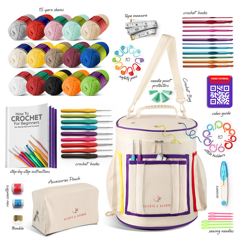 Hearth & Harbor Crochet Kit, Includes Bag, Cotton Crochet Yarn, Hooks, USB Port, Tutorials and More
