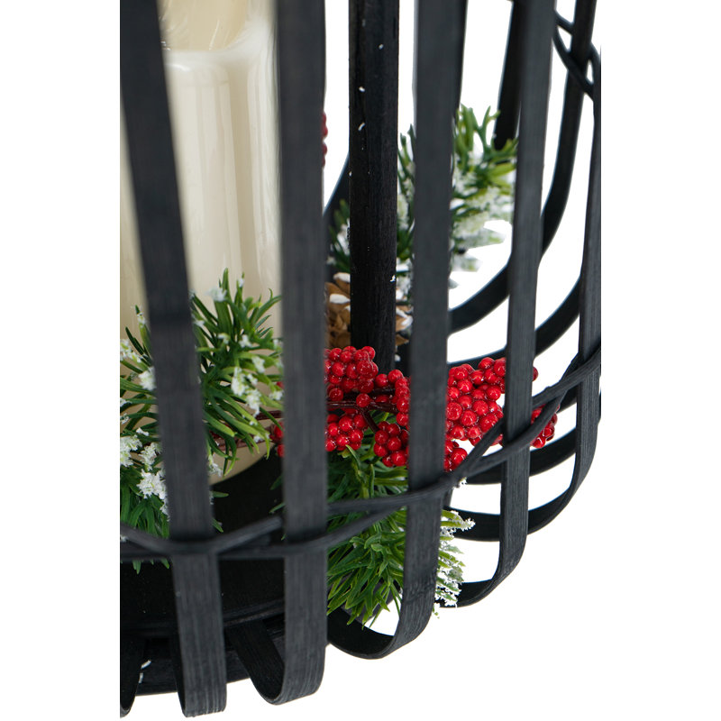 Black Bamboo Woven Cylindrical Lantern With Realistic White Led Candle | 16.3" Tall Boho Coastal Decor