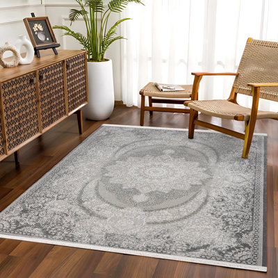 Tapis oriental gris à imprimé numérique tissé antidérapant lavable à la machine