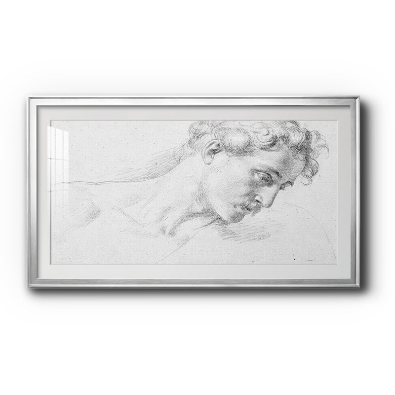 Étude de portrait au crayon vintage, encadrée avec passe-partout et verre - Croquis vintage - Série abstraite CMLXII, ouverture 16 x 32 cm dans un cadre argenté, dimensions extérieures 19 x 35 cm