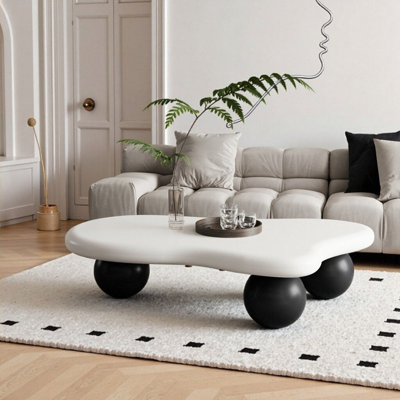 SYROVA Cloud-Shaped Coffee Table with Sculptural Ball Legs, Modern Organic Free-Form Cocktail Table with Rounded Edges for Living Room