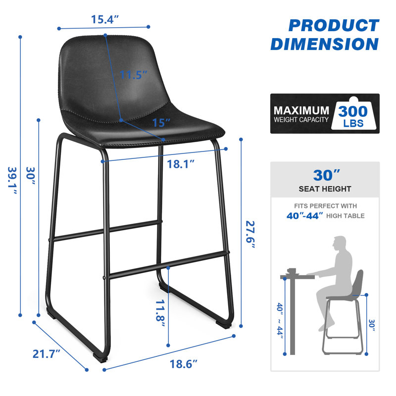 Tabourets de bar en cuir Parveena, Noir, 2, Tabouret de bar (siège d'une hauteur de 30 po)