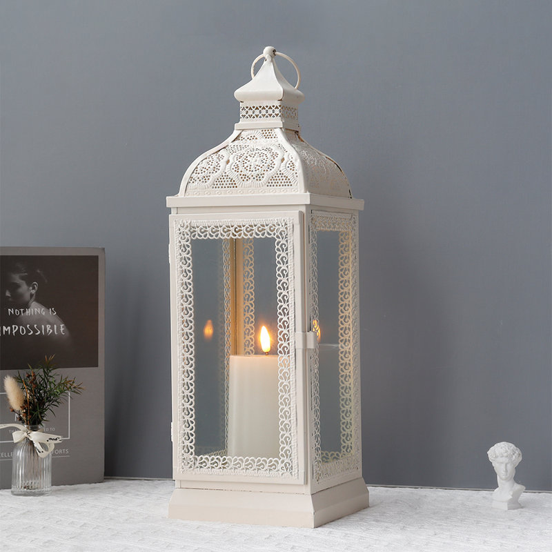 19''H Rustic Style Metal Candle Lantern, Cream