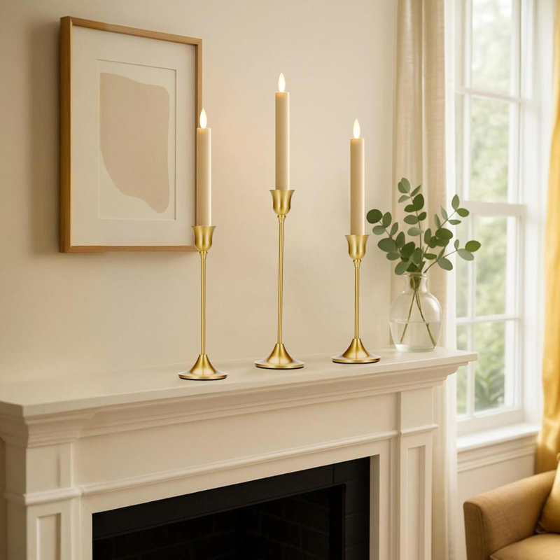Taper Candle Stick Holder 3PCS Brass Pillar Tall Candlestick Holders Metal Vintage Decor Dinner Table Dining Room Centerpieces Decorations For Wedding Fireplace Mantel Housewarming Gift