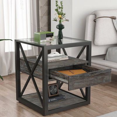 Ensemble de 2 tables de bout modernes avec tiroir - table de chevet pour la chambre à coucher et le salon, panneau de fibres à densité moyenne en bois rustique et plateau en verre trempé, table d'appoint de style industriel