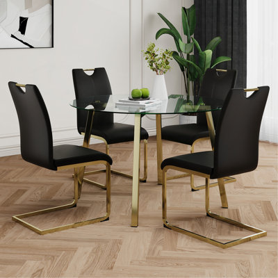 Modern Style Glass Circle Table/ Elegant Transparent Design/ Durable Support Base/  PU Dining Chair Set/ Gold-Plated Chair Legs/ Suitable For Restaurant Kitchens(Set Of 5)