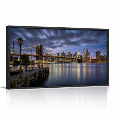 Wooden Pier and Brooklyn Bridge against Manhattan Skyline Canvas Wall Art