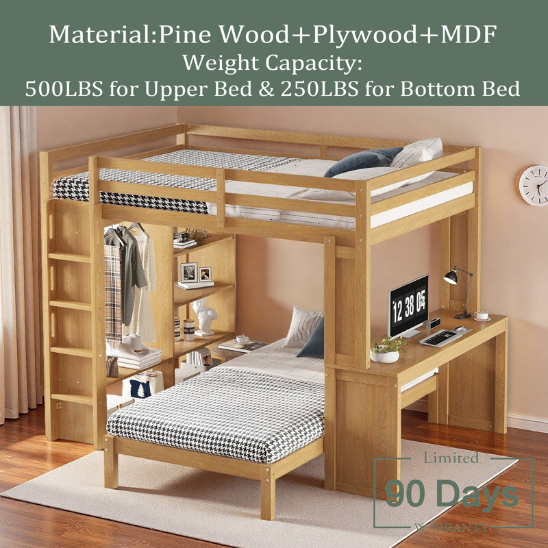 Lit superposé avec lit inférieur démontable et bureau, structure de lits superposés en bois massif avec tablettes intégrées et garde-robe, peut être converti en lit mezzanine