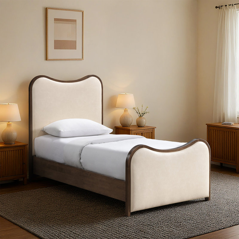 Lit tapissier Arvada, Simple, Crème végétalien en cuir / brossé en noyer