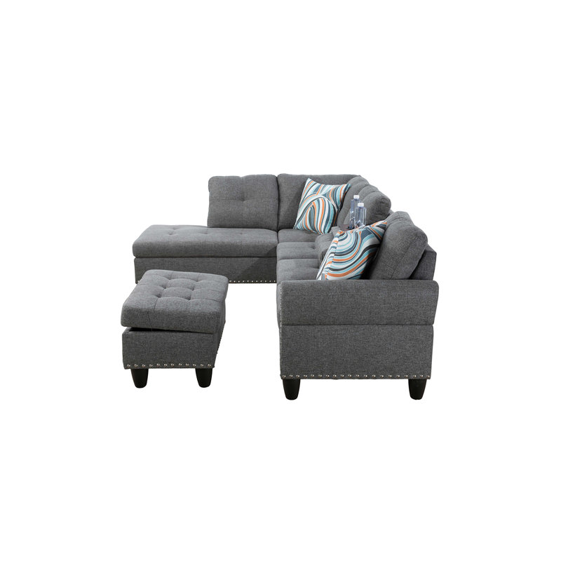 Grey Linen 3-Piece Sectional Sofa Set with Chaise, Storage Ottoman and Cup Holders